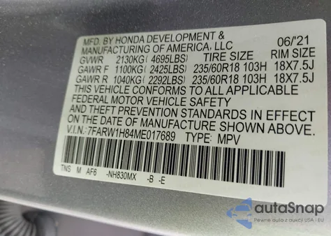 2021 Honda Cr-V 2Wd Ex-L из США, поврежденный, VIN 7FARW1H84ME017689
